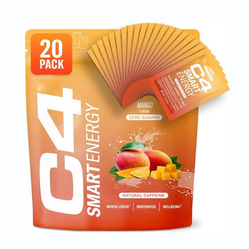C4 Smart Energy | 20 Nootropic Powder Sachets with Brainberry, L Tyrosine + Natural Caffeine | Promotes Sharp Mental Focus + Wellbeing | Low Calorie Sugar Free Energy Drink | Focus Supplement | Mango